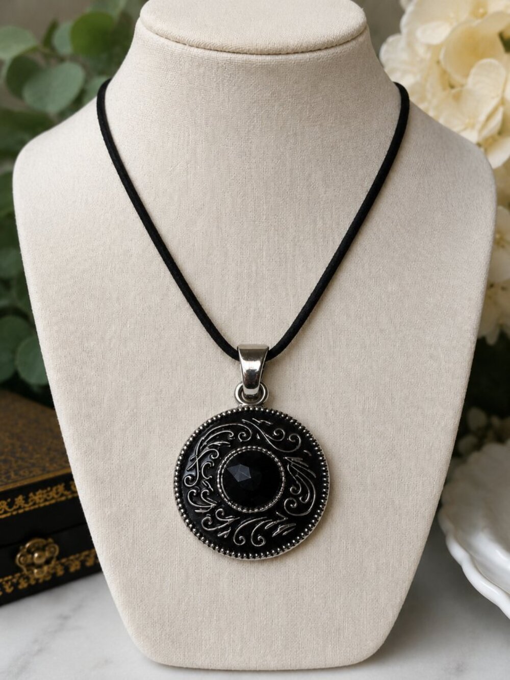 Vintage Black Enamel & Faceted Black Glass Round Pendant Silver Tone Scroll
